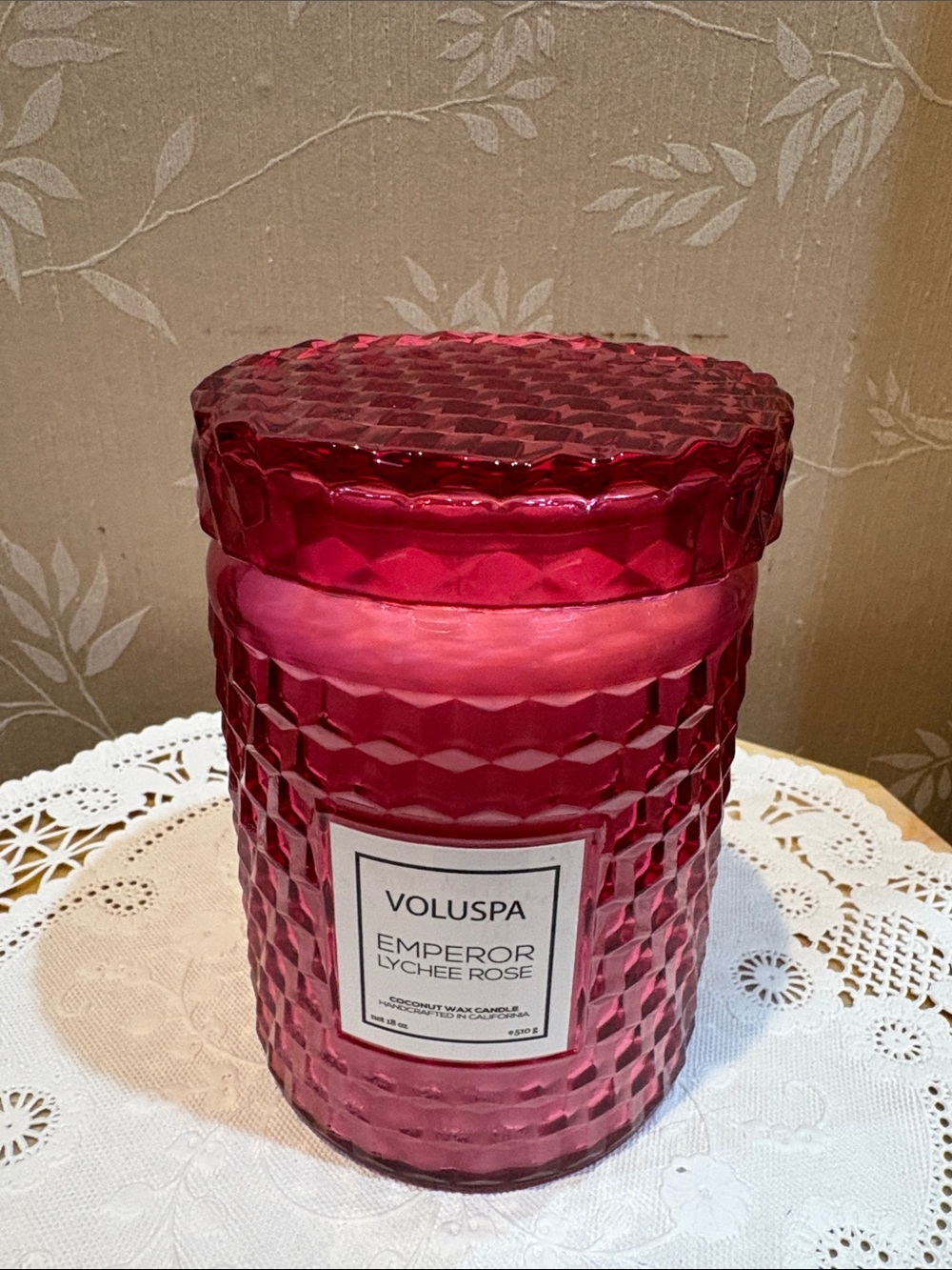 Voluspa Emperor Lychee Rose Candle in Pink Textured Glass Scented Candle Jar